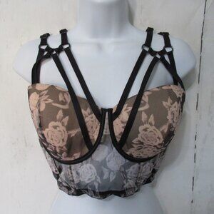 New Victorias Secret Bustier Bra 38D Black Cage Floral Push Up Corset Longline